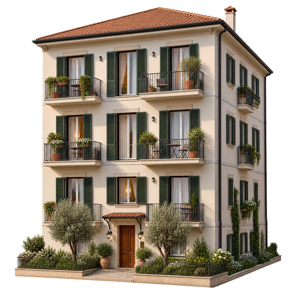Una palazzina italiana con balconi, persiane verdi e un piccolo giardino condiviso